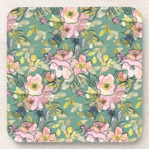 Pink Flowers on Green Coaster, Floral Drink Coaster