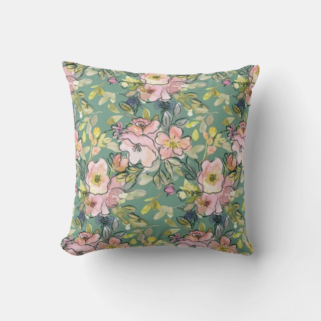 Pink Flowers on Green Cushion, Floral Throw Pillow (Front)