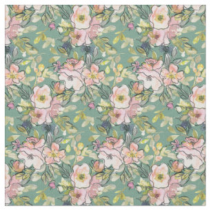 Pink Flowers on Green Fabric – Floral Print 