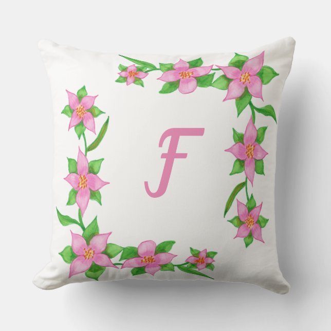 Pink Flowers on Green Vine Monogram Pillows (Front)