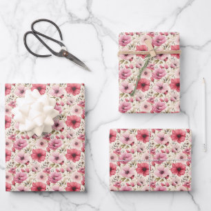 Pink Flowers on Ivory Wrapping Paper Sheet