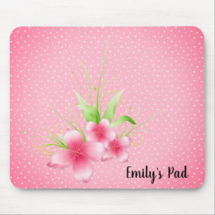 Pink Flowers on Polka Dots Mouse Pad