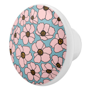 Pink Flowers On Teal Blue Ceramic Knob