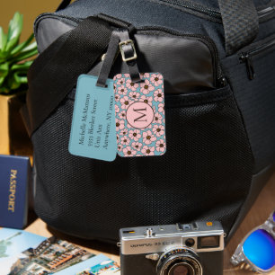 Pink Flowers On Teal Blue Luggage Tag