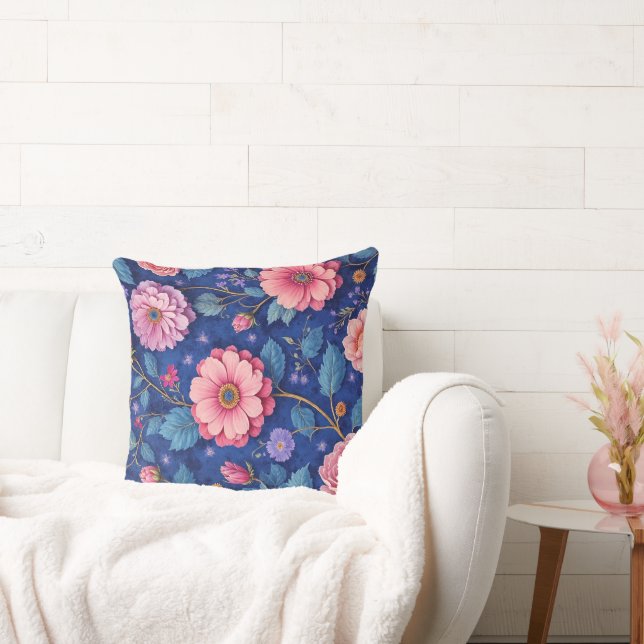 Pink flowers on vibrant blue pattern cushion (Couch)
