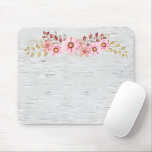 Pink Flowers On White Birch  Mouse Pad
