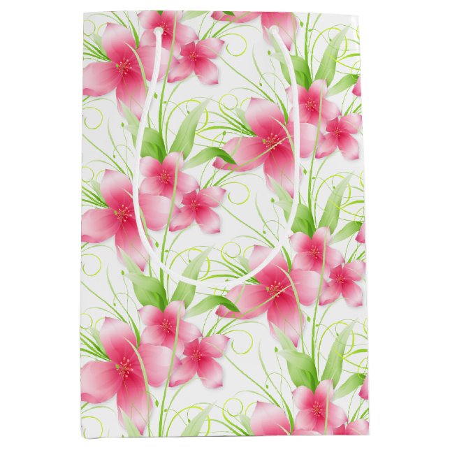 Pink Flowers on White  Medium Gift Bag (Front)