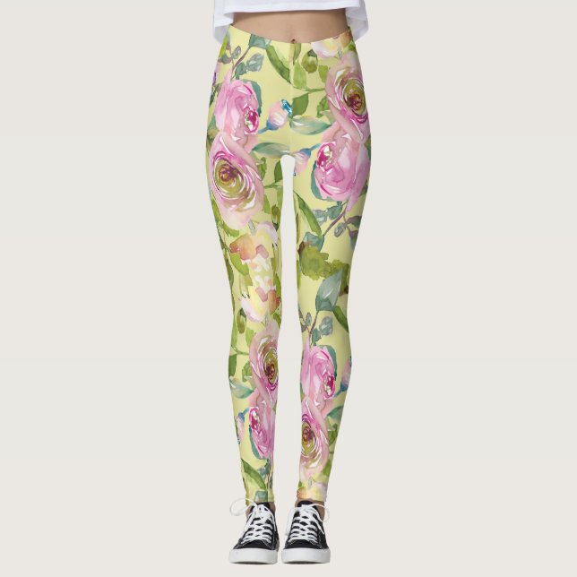 Pink Flowers on Yellow Leggings (Front)