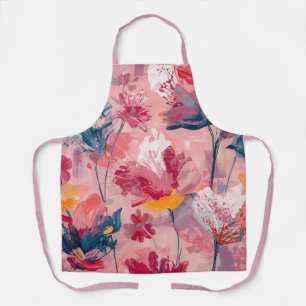 Pink Flowers Painted Brushtrokes Botanical Pattern Apron