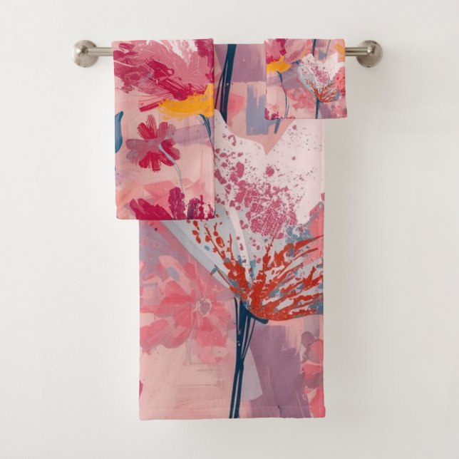 Pink Flowers Painted Brushtrokes Botanical Pattern Bath Towel Set (Insitu)