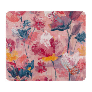 Pink Flowers Painted Brushtrokes Botanical Pattern Cutting Board
