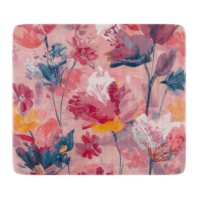 Pink Flowers Painted Brushtrokes Botanical Pattern Cutting Board (Front)