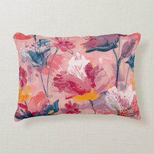 Pink Flowers Painted Brushtrokes Botanical Pattern Decorative Cushion
