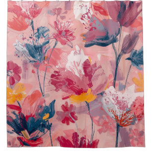 Pink Flowers Painted Brushtrokes Botanical Pattern Shower Curtain