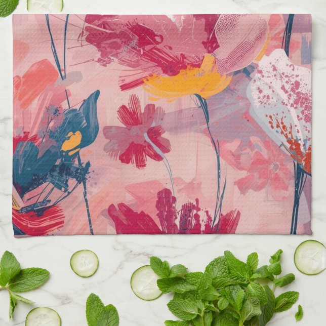 Pink Flowers Painted Brushtrokes Botanical Pattern Tea Towel (Folded)