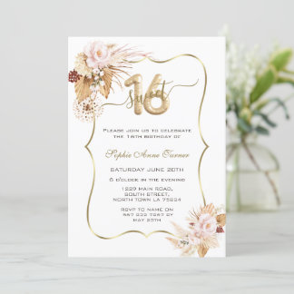 Pink Flowers Pampas Grass Sweet 16 Celebration Invitation