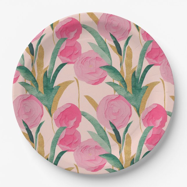 Pink Flowers Paper Plate (Front)