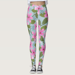 pink flowers pattern blue leggings