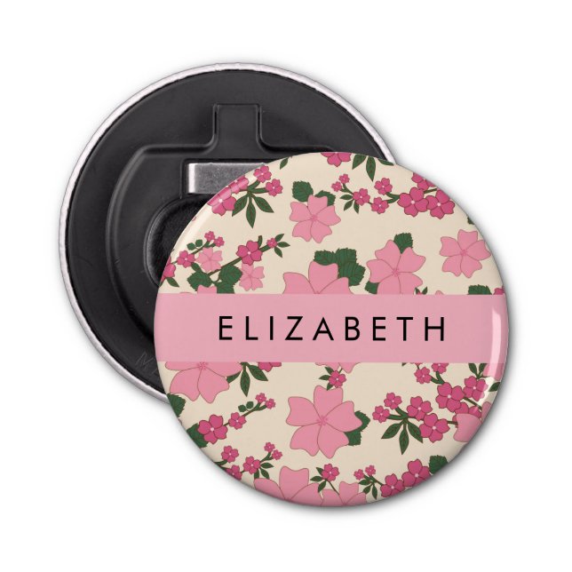 Pink Flowers, Pattern Of Flowers, Your Name Bottle Opener (Front)