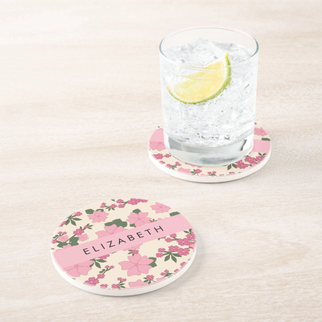Pink Flowers, Pattern Of Flowers, Your Name Coaster (Side)