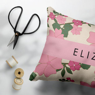 Pink Flowers, Pattern Of Flowers, Your Name Decorative Cushion
