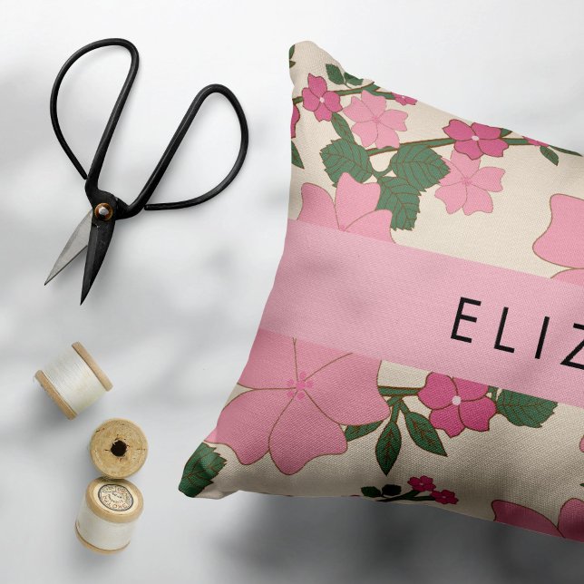 Pink Flowers, Pattern Of Flowers, Your Name Decorative Cushion (Creator Uploaded)