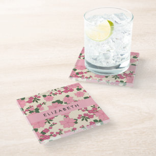 Pink Flowers, Pattern Of Flowers, Your Name Glass Coaster