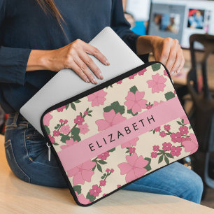 Pink Flowers, Pattern Of Flowers, Your Name Laptop Sleeve