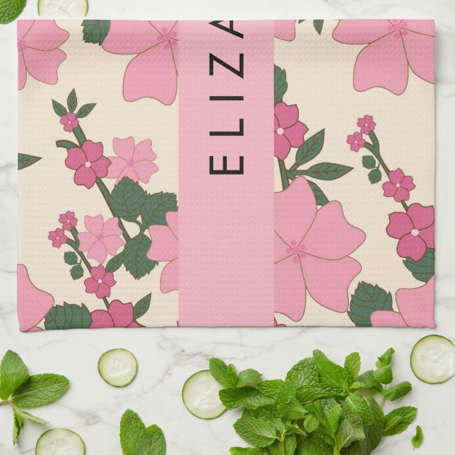 Pink Flowers, Pattern Of Flowers, Your Name Tea Towel (Folded)