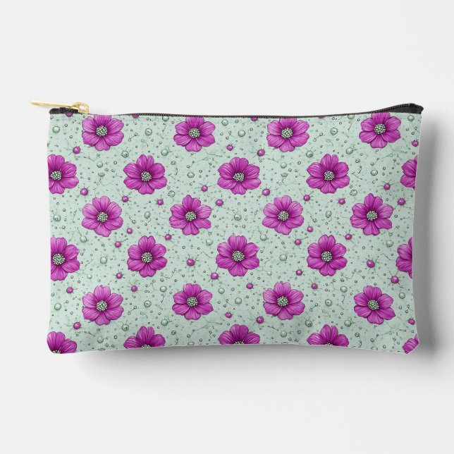 Pink Flowers Pattern With Droplets Accessory Pouch (Front)
