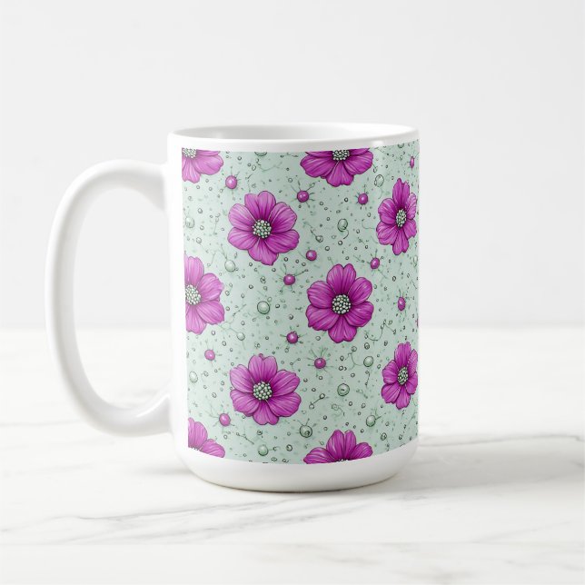Pink Flowers Pattern With Droplets Coffee Mug (Left)
