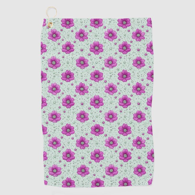 Pink Flowers Pattern With Droplets Golf Towel (Front)