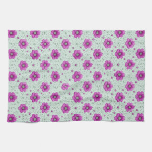 Pink Flowers Pattern With Droplets Tea Towel