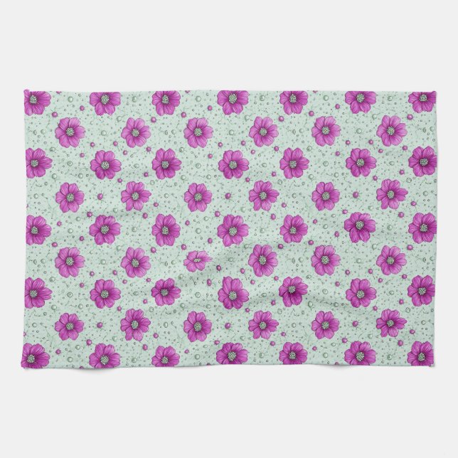 Pink Flowers Pattern With Droplets Tea Towel (Horizontal)