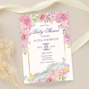 Pink Flowers Peacock Baby Shower Invitation