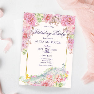 Pink Flowers Peacock Birthday Invitation