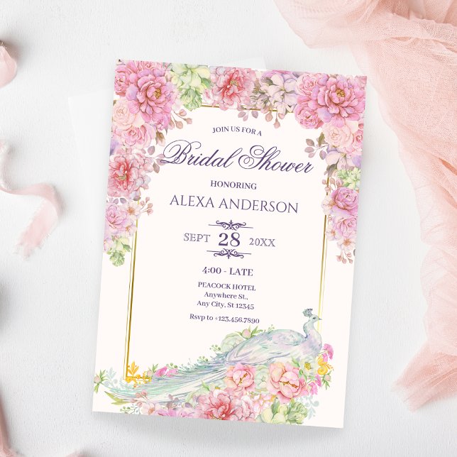 Pink Flowers Peacock Bridal Shower Invitation (Creator Uploaded)