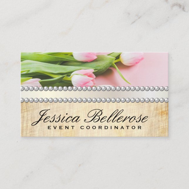 Pink Flowers | Pearls Ribbon  Business Card (Front)