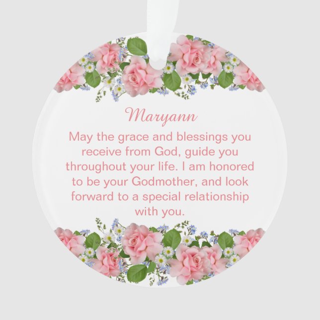 Pink Flowers Personalised Goddaughter Baptism Ornament (Front)
