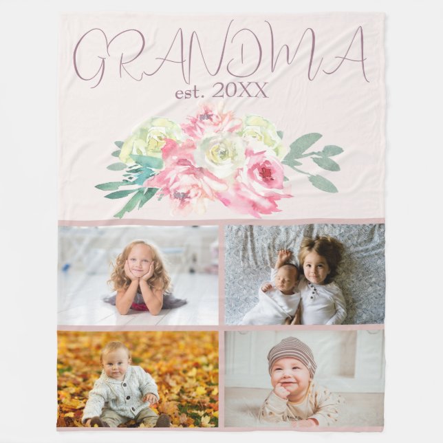 Pink Flowers & Photos for Grandma Fleece Blanket (Front)