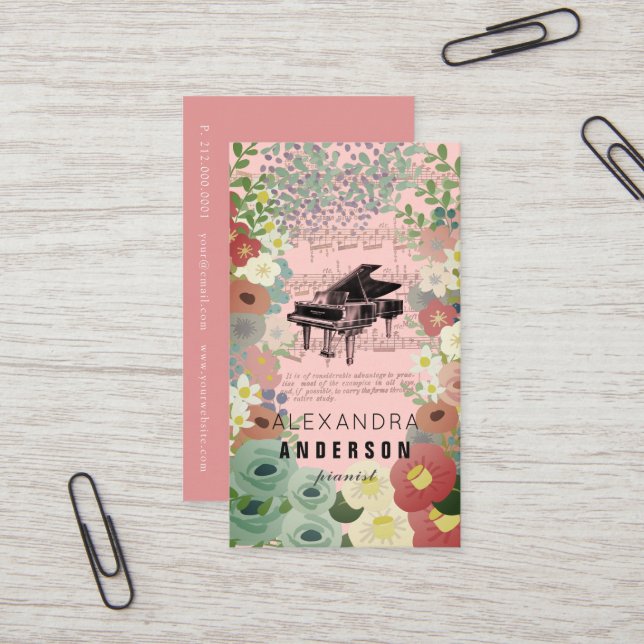 Pink Flowers Pianist Music Teacher Business Card (Front/Back In Situ)