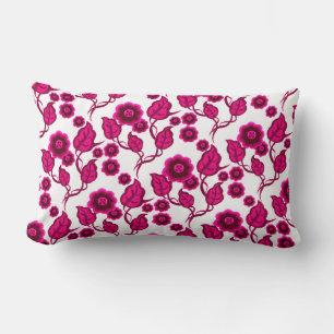 Pink flowers, pink leaves, Folk art floral Lumbar Cushion