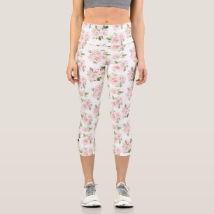 Pink Flowers, Pink Roses, Watercolor Flowers Capri Leggings