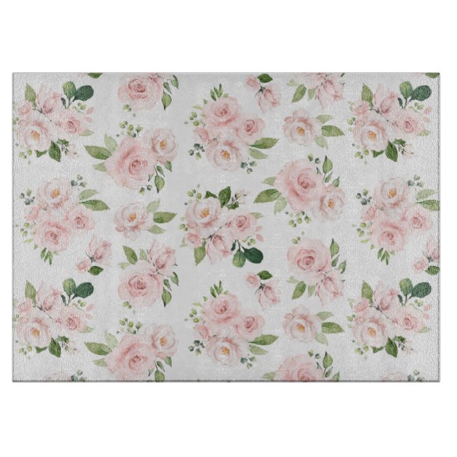 Pink Flowers, Pink Roses, Watercolor Flowers Cutting Board (Front)