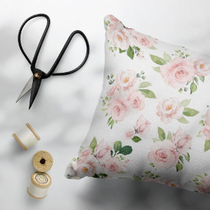 Pink Flowers, Pink Roses, Watercolor Flowers Decorative Cushion