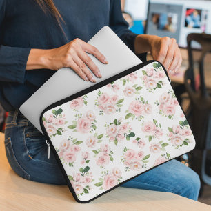 Pink Flowers, Pink Roses, Watercolor Flowers Laptop Sleeve