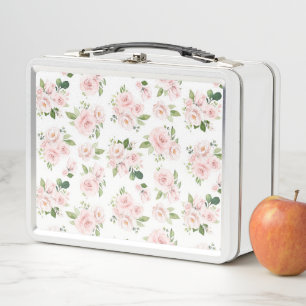 Pink Flowers, Pink Roses, Watercolor Flowers Metal Lunch Box