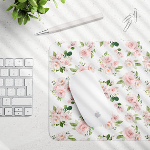 Pink Flowers, Pink Roses, Watercolor Flowers Mouse Pad