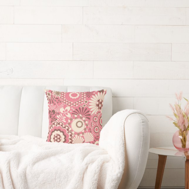 Pink Flowers/Polka Dots | Decorative Throw Pillow (Couch)