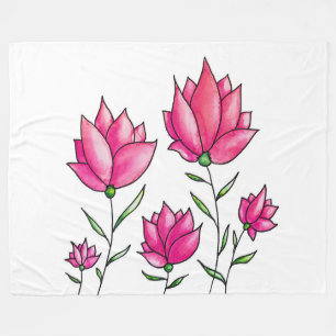 Pink Flowers Pretty Minimalist Ink Watercolor Art Fleece Blanket
